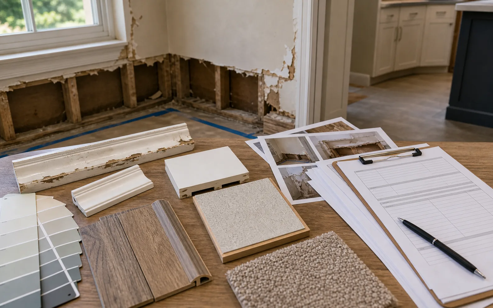 Storm repair finish matching with damaged trim flooring transition paint swatches and texture samples