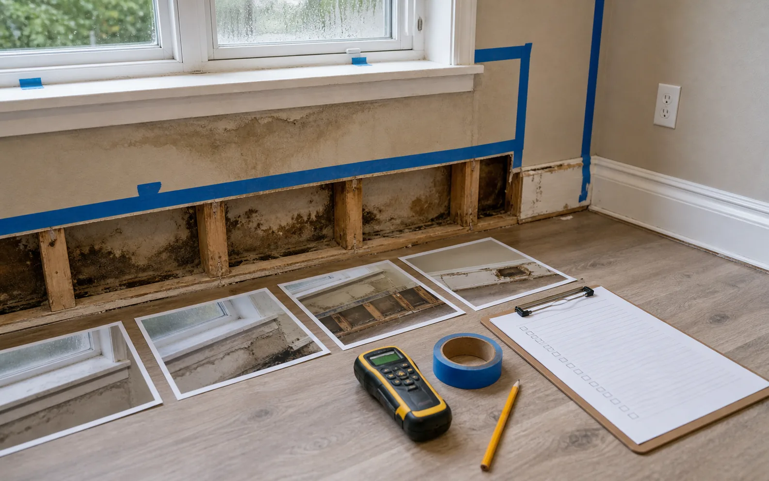 Window leak water damage with swollen baseboard drywall opening moisture meter and photo documentation